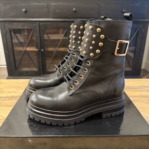 BUKELA Black Leather Gold Studded Combat Boots
